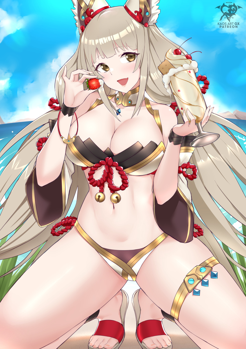 1girl absurd_res adapted_costume alluring alternate_breast_size animal_ears bikini breasts chest_jewel cleavage facial_mark high_res highleg highleg_leotard kaos_art leotard long_hair low_twintails medium_breasts nia_(blade)_(xenoblade) nia_(xenoblade) swimsuit thighs toes twin_tails very_long_hair xenoblade_(series) xenoblade_chronicles_2 yellow_eyes