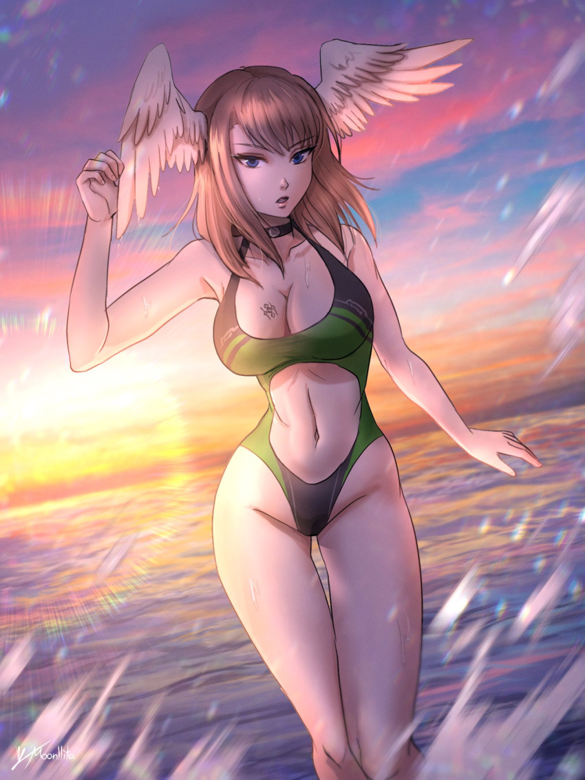 1girl alluring bare_legs big_breasts bikini blue_eyes breasts brown_hair eunie_(xenoblade) high_entia moonllita moonllita_(artist) nintendo one-piece_bikini swimsuit wet xenoblade_(series) xenoblade_chronicles_3