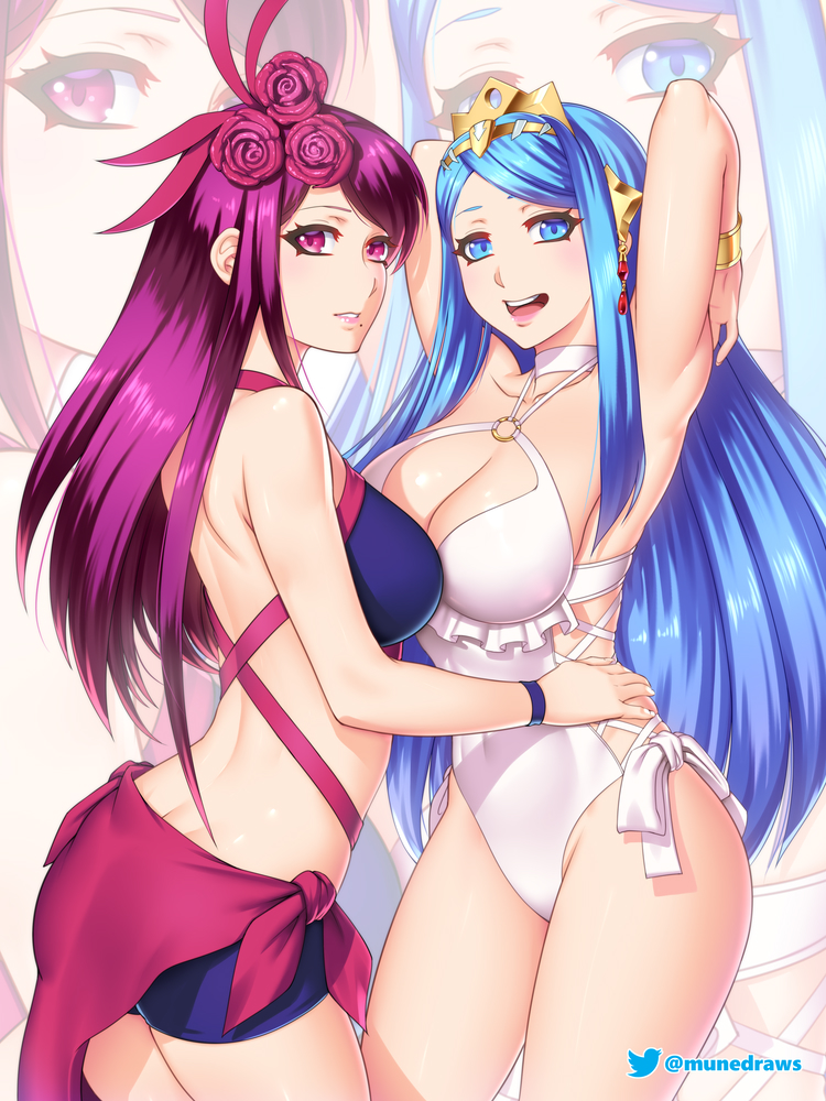 2_girls :d alluring alternate_costume armpits arms_up bare_arms bare_legs bare_shoulders big_breasts bikini blue_bikini blue_eyes blue_hair blue_swimsuit bracelet breasts cleavage commentary commission cowboy_shot etchimune female_only fire_emblem fire_emblem_engage flower hair_flower hair_ornament ivy_(fire_emblem) jewelry long_hair looking_at_viewer lumera_(fire_emblem) mole mole_under_mouth multiple_girls nintendo official_alternate_costume one-piece_swimsuit open_mouth parted_lips pink_lips purple_eyes purple_flower purple_hair purple_rose rose sarong smile standing swimsuit thighs tiara very_long_hair white_one-piece_swimsuit white_swimsuit zoom_layer
