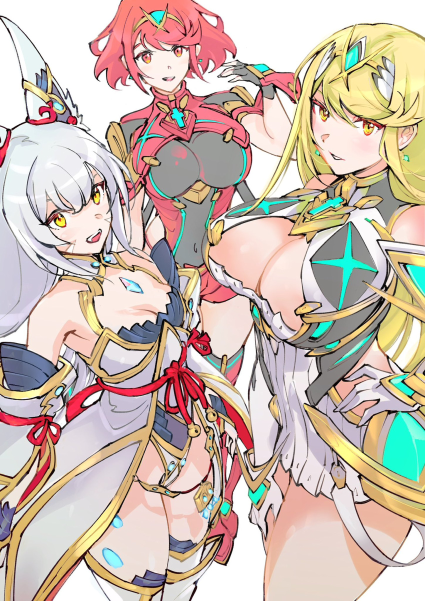 3_girls alluring big_breasts blonde_hair breasts multiple_girls mythra mythra_(xenoblade) nia_(blade)_(xenoblade) nia_(xenoblade) pyra pyra_(xenoblade) red_eyes red_hair ug333333 xenoblade_(series) xenoblade_chronicles_2 yellow_eyes