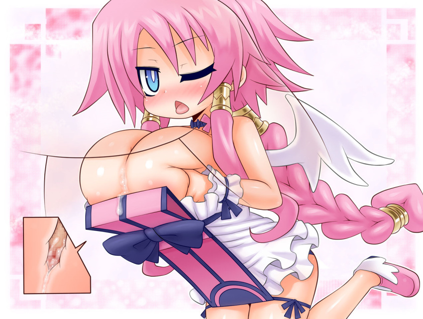 alexi_(tits!) angel angel_wings arekishi artina big_breasts big_breasts bimbo blue_eyes braid breasts bursting_breasts cleavage clothed_female_nude_male clothed_sex cum cum_on_body cum_on_breasts disgaea disgaea_4 dress gigantic_breasts huge_breasts kakuretenai long_hair nippon_ichi_software nude paizuri paizuri_under_clothes pink_hair short_stack shortstack tongue tongue_out very_long_hair wings