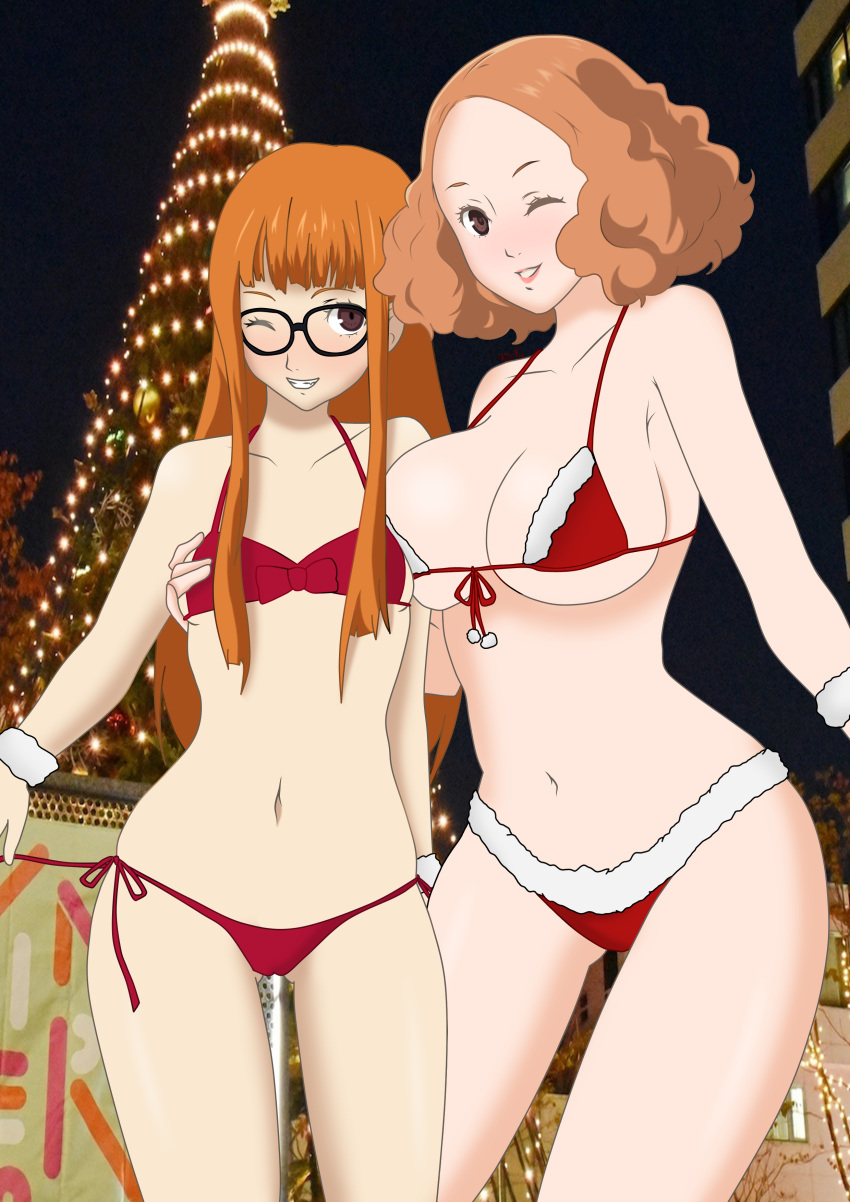 atlus big_breasts bikini breasts brown_hair christmas futaba_sakura glasses looking_at_viewer megami_tensei okumura_haru one_eye_closed persona persona_5 rin_kanbara sakura_futaba