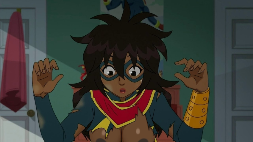 bangle big_breasts breasts brown_eyes brown_hair brown_skin dark-skinned_female dark_areolae edited_screencap exposed_breasts kamala_khan long_hair marvel messy_hair ms._marvel muslim_female scarf screencap screenshot_edit torn_clothes torn_clothing