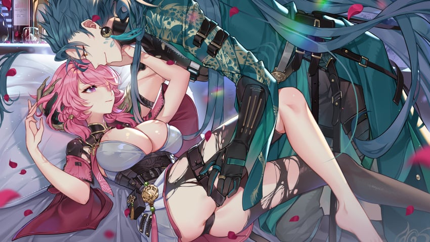 belt breasts chinese_text clothes dragon_claw earrings green_hair hand_on_another's_thigh high_res jewelry jiyan_(wuthering_waves) medium_breasts multiple_belts orange_sekaii petals pink_eyes pink_hair rose_petals seductive_smile smile taoqi_(wuthering_waves) tassel tassel_earrings thigh_belt thigh_strap torn_clothes wuthering_waves