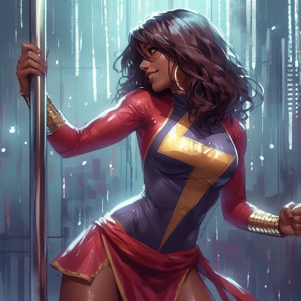 big_breasts breasts brown_eyes brown_hair brown_skin dark-skinned_female grin hoop_earrings kamala_khan long_hair marvel marvel_comics ms._marvel muslim_female pole pole_dancing sash skirt stripper_pole superheroine tight_clothes tight_clothing