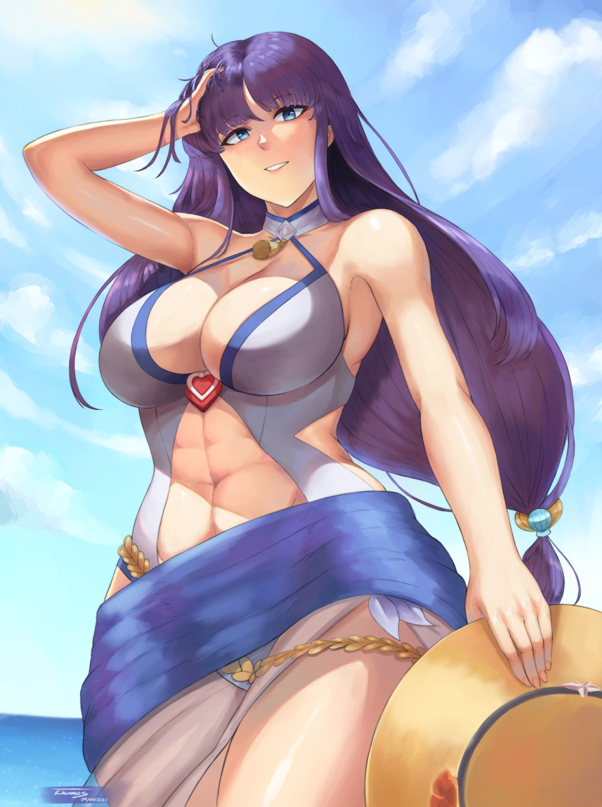 1girl 1girl 1girl abs absurd_res alluring alternate_costume altina_(fire_emblem) altina_(summer)_(fire_emblem) athletic_female bare_shoulders big_breasts blue_eyes blue_sky breasts casual_one-piece_swimsuit cleavage collarbone dated female_abs female_only fire_emblem fire_emblem:_radiant_dawn fire_emblem_heroes fit_female grey_one-piece_swimsuit grey_swimsuit grin hand_up hat high_res holding holding_clothes holding_hat long_hair looking_at_viewer navel nintendo ocean official_alternate_costume one-piece_swimsuit outside purple_hair signature sky smile standing swimsuit temporalchronos very_long_hair