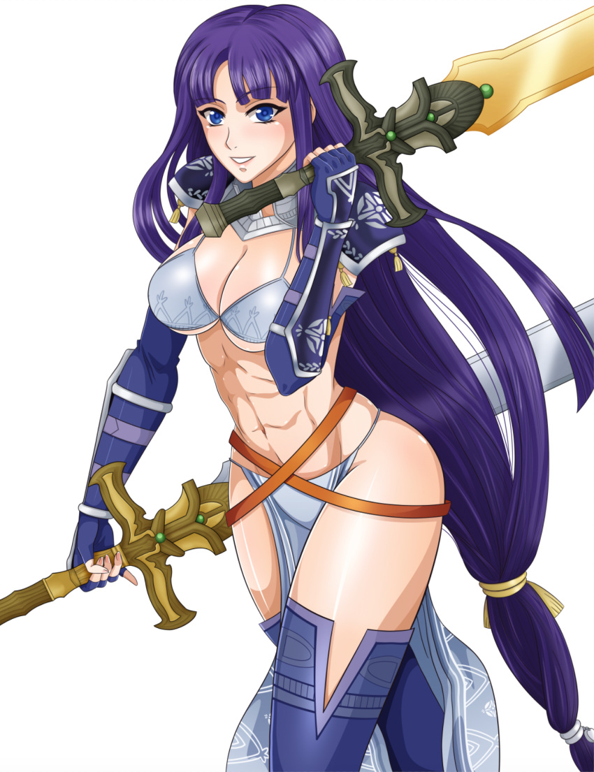 1girl 1girl 1girl abs alluring alondite altina_(fire_emblem) athletic_female bare_legs big_breasts big_breasts bikini bikini_armor blue_eyes cleavage dual_wielding female_abs fire_emblem fire_emblem:_radiant_dawn fit_female leenvidia long_hair looking_at_viewer nintendo pelvic_curtain purple_hair ragnell_(fire_emblem) smile solo_female sword thighs very_long_hair weapon