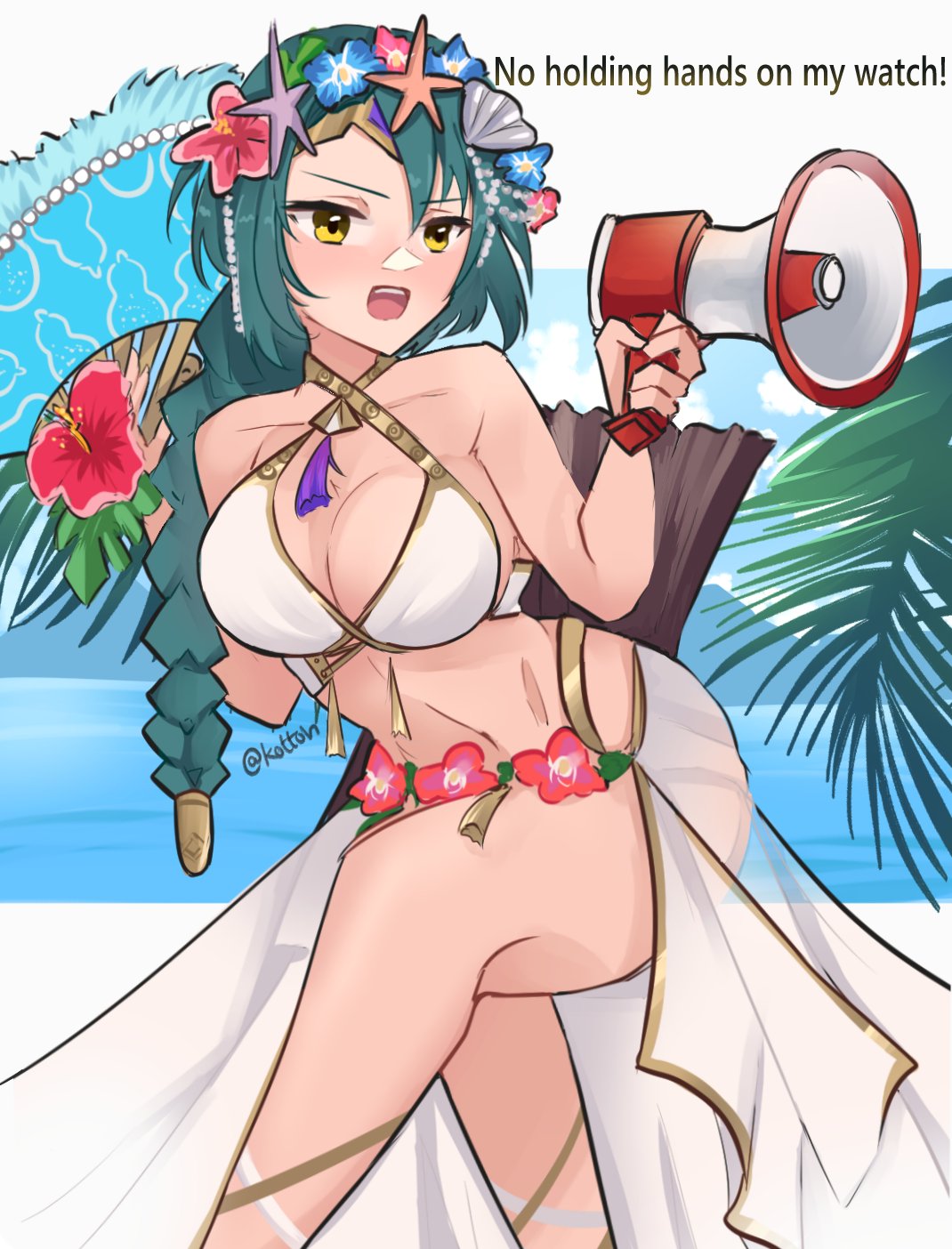 1girl 1girl 1girl alluring alternate_costume annoyed bare_legs beach big_breasts bikini braid braided_ponytail breasts cleavage crossed_legs emi_(kottonart) english_text female_only fire_emblem fire_emblem_heroes flower green_hair hair_flower hair_ornament head_wreath hibiscus high_res megaphone nintendo official_alternate_costume outside sarong see-through serafineart1001 single_braid swimsuit tassel thorr_(fire_emblem) thorr_(summer)_(fire_emblem) white_bikini white_swimsuit yellow_eyes