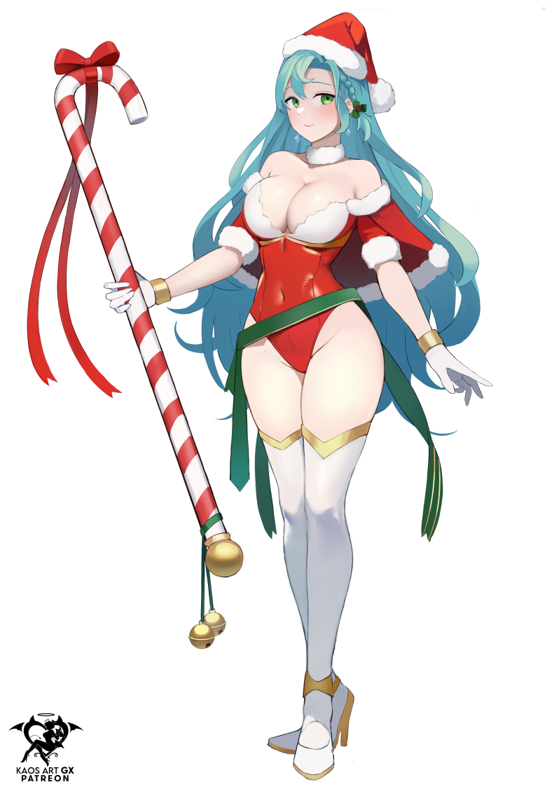 1girl 1girl 1girl alluring alternate_costume aqua_hair bare_shoulders big_breasts blue_hair bow breasts candy candy_cane chloe_(fire_emblem) christmas cleavage collar commentary covered_navel female_only fire_emblem fire_emblem_engage food full_body fur_collar green_eyes groin hat high_heels holding holding_candy holding_food kaos_art leotard long_hair looking_at_viewer nintendo off-shoulder_leotard red_bow red_headwear red_leotard santa_hat short_sleeves simple_background smile standing stockings thighs very_long_hair white_background white_collar white_thighhighs