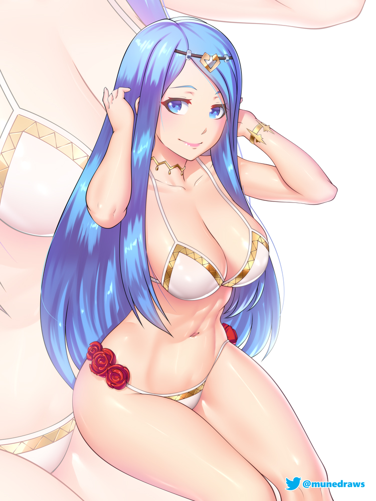 1girl 1girl 1girl alluring alternate_costume bare_arms bare_legs bare_shoulders bikini blue_eyes blue_hair choker etchimune female_only fire_emblem fire_emblem_engage long_hair looking_at_viewer lumera_(fire_emblem) navel nintendo simple_background sitting smile stomach swimsuit thighs very_long_hair white_background white_bikini white_swimsuit zoom_layer