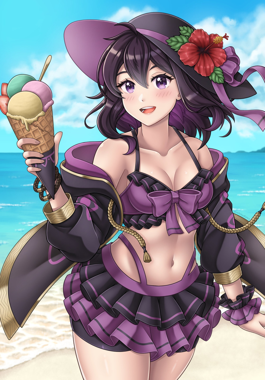 1girl 1girl 1girl alluring alternate_costume beach bikini bikini_skirt black_bikini black_fur black_swimsuit breasts cleavage female_only fire_emblem fire_emblem_awakening food frilled_bikini hat ice_cream looking_at_viewer medium_breasts morgan_(fire_emblem) morgan_(fire_emblem)_(female) multicolored_bikini multicolored_hair nao_(dualbloodlines) nintendo ocean outside purple_bikini purple_eyes purple_hair purple_swimsuit smile sun_hat swimsuit two-tone_bikini