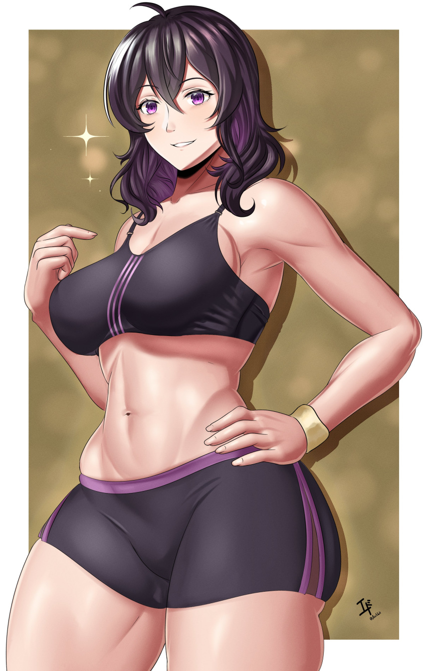 1girl 1girl 1girl alluring arcedo bare_thighs black_hair breasts female_only fire_emblem fire_emblem_awakening gym_shorts hand_on_hip looking_at_viewer medium_breasts medium_hair morgan_(fire_emblem) morgan_(fire_emblem)_(female) nintendo purple_eyes purple_hair shorts sports_bra sportswear thick_thighs thighs