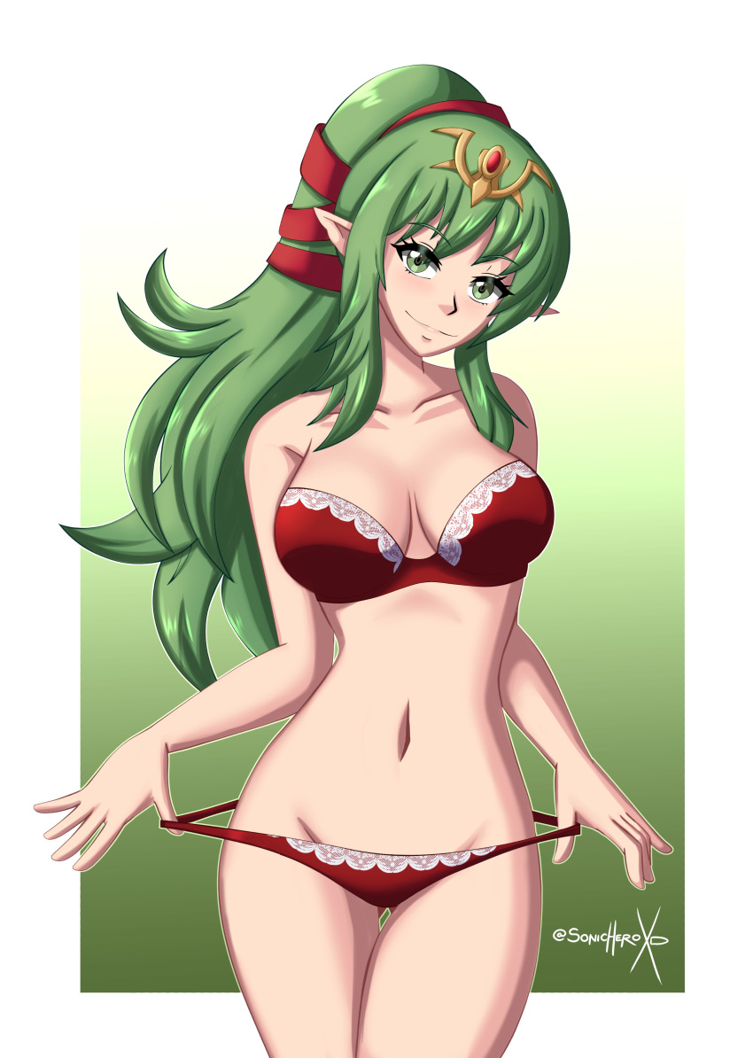 1girl 1girl 1girl alluring ass_visible_through_thighs bare_arms bare_midriff bare_shoulders bare_thighs big_breasts breasts collarbone female_only fire_emblem fire_emblem_awakening gradient_background green_background green_eyes green_hair long_hair looking_at_viewer medium_breasts midriff nintendo panties panty_pull pointy_ears ponytail red_panties shoulders smile sonicheroxd teasing thighs tiki_(adult)_(fire_emblem) tiki_(fire_emblem) underwear undressing very_long_hair