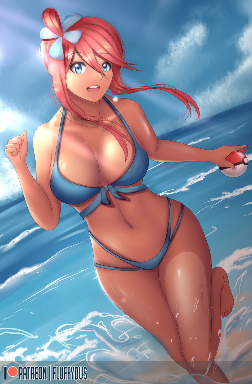 1girl 1girl 1girl alluring bare_legs beach big_breasts big_breasts bikini blue_eyes breasts cleavage clothed clothed_female clothes clothing female_only fluffydus fuuro_(pokemon) holding_poke_ball long_hair nintendo patreon_username pokeball pokemon pokemon_bw red_hair skyla skyla_(pokemon) swimsuit uncensored