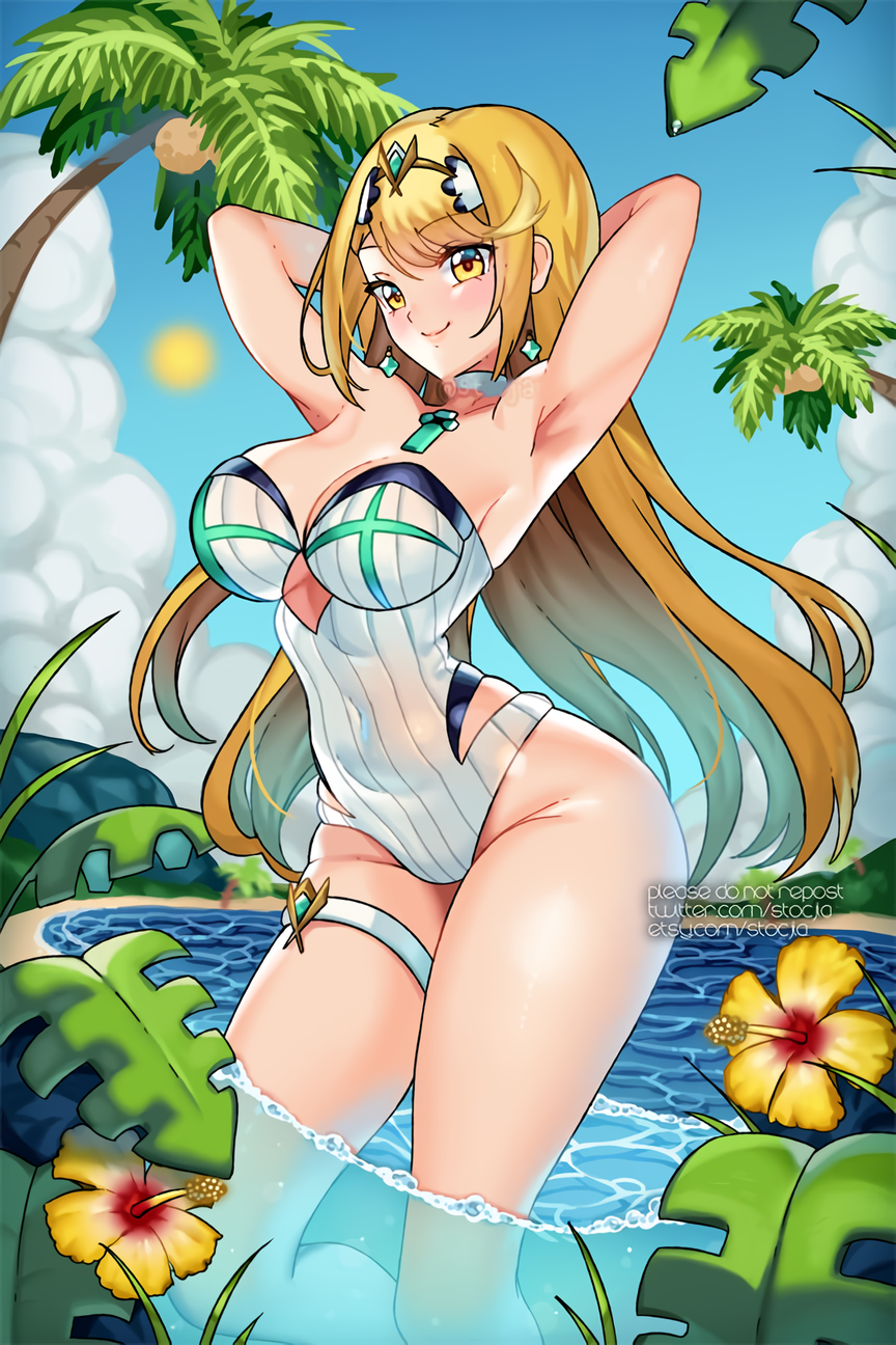 1girl 1girl 1girl alluring bikini blonde_hair breasts cleavage core_crystal female_only looking_at_viewer mom0ka mythra nintendo stocjia xenoblade_(series) xenoblade_chronicles_2 yellow_eyes