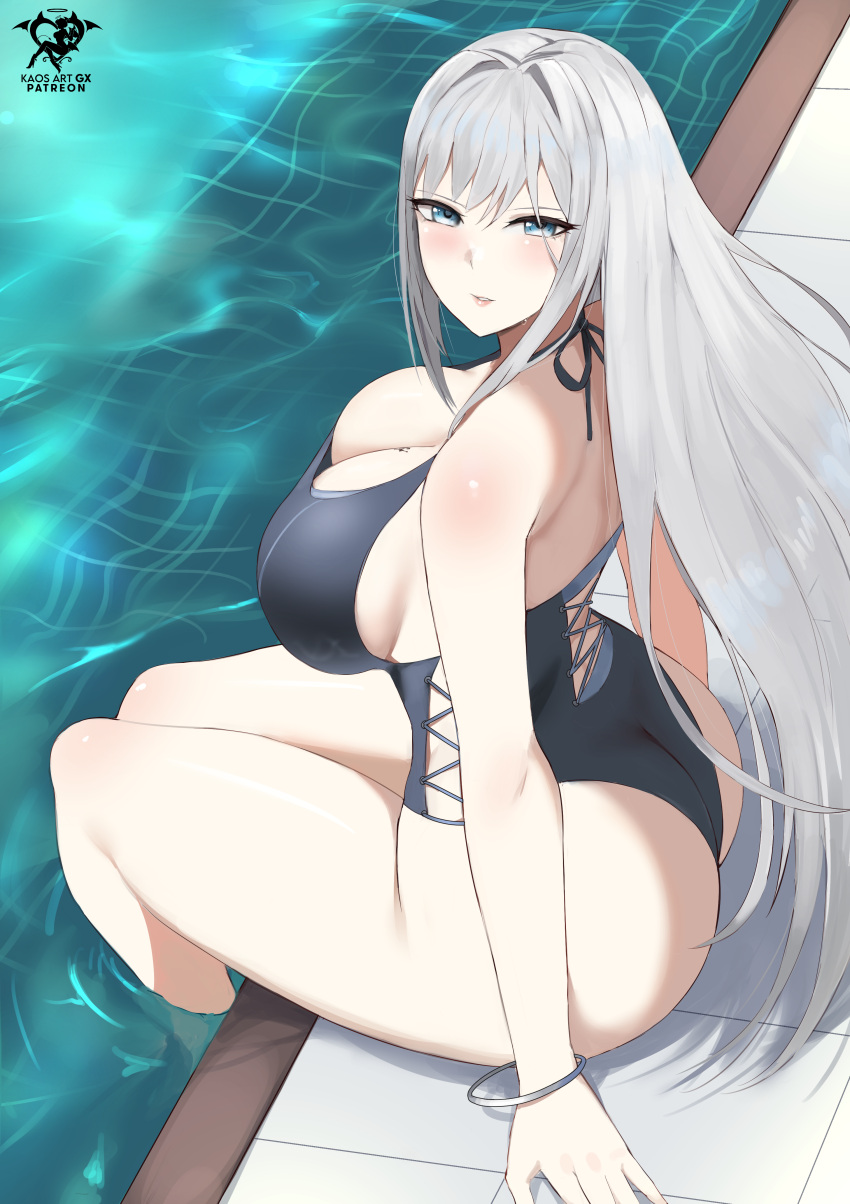 1girl 1girl 2022 alluring ass bare_legs big_breasts blue_eyes breasts ethel_(xenoblade) female_only high_res hips kaos_art light-skinned_female light_skin long_hair massive_breasts nintendo one-piece_swimsuit outside pale-skinned_female pale_skin pool poolside slim_waist swimming_pool swimsuit thick_thighs thighs water white_hair wide_hips xenoblade_(series) xenoblade_chronicles_3