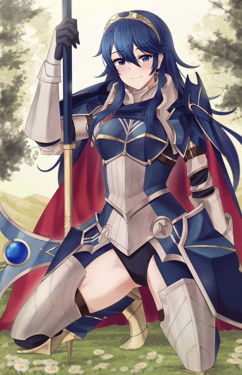 1girl 1girl alluring armor axe black_leotard blue_cape blue_eyes blue_hair breastplate cape closed_mouth commentary doiparuni english_commentary faulds fire_emblem fire_emblem_awakening fire_emblem_heroes high_res holding holding_axe leotard long_hair looking_at_viewer lucina lucina_(fate's_resolve)_(fire_emblem) lucina_(fire_emblem) nintendo no_pants official_alternate_costume outside red_cape smile symbol_in_eye tiara
