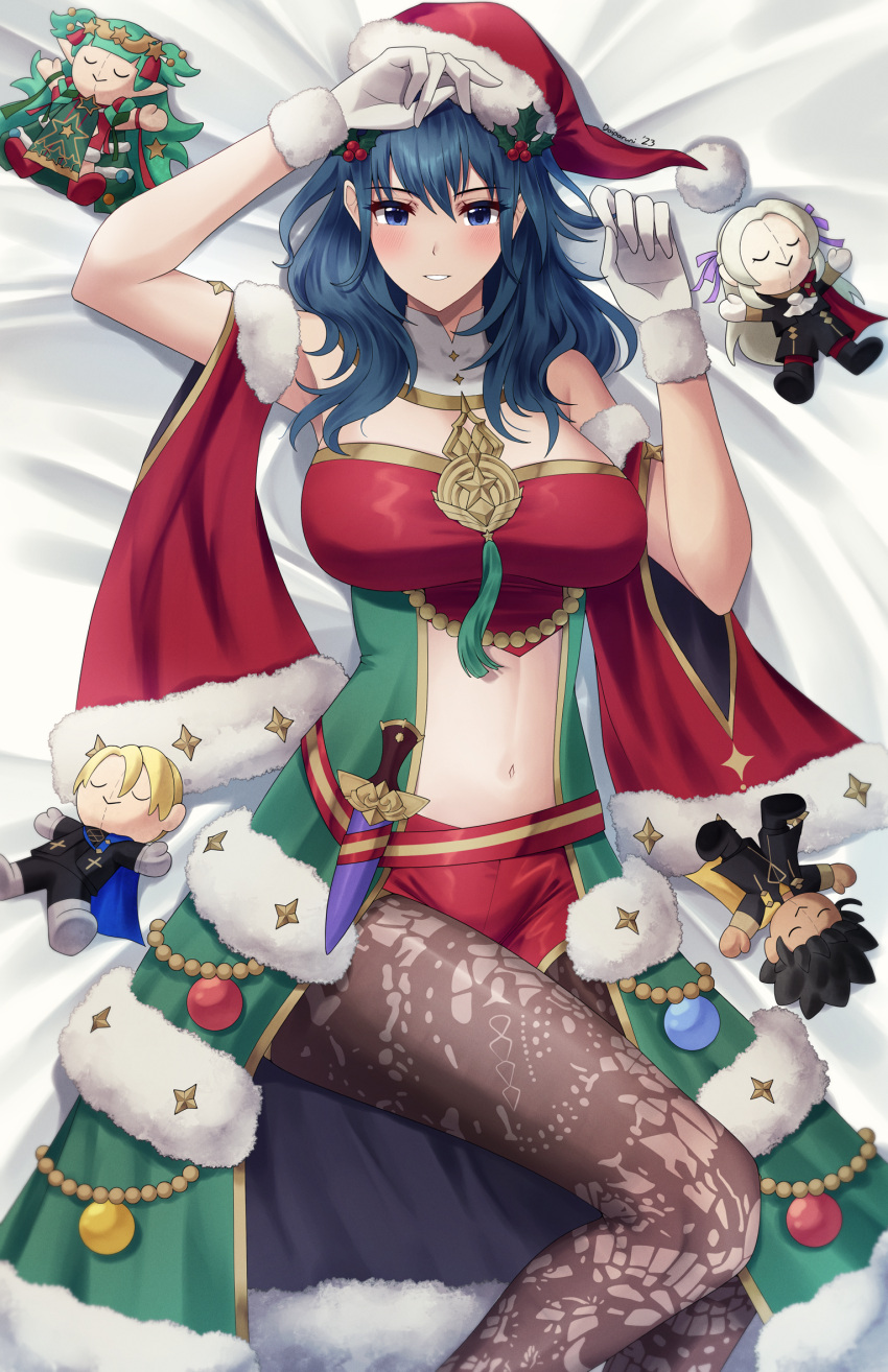 1girl 1girl alluring blue_eyes byleth_(fire_emblem) byleth_(fire_emblem)_(female) character_doll christmas claude_von_riegan clothing_cutout dagger dimitri_alexandre_blaiddyd doiparuni edelgard_von_hresvelg fire_emblem fire_emblem:_three_houses fire_emblem_heroes gloves hat high_res knife lying medium_hair mistletoe_hair_ornament navel nintendo official_alternate_costume on_back pantyhose pantyhose_under_shorts patterned_legwear print_pantyhose santa_hat shorts sothis_(fire_emblem) sothis_(winter)_(fire_emblem) stomach_cutout teal_hair weapon white_gloves