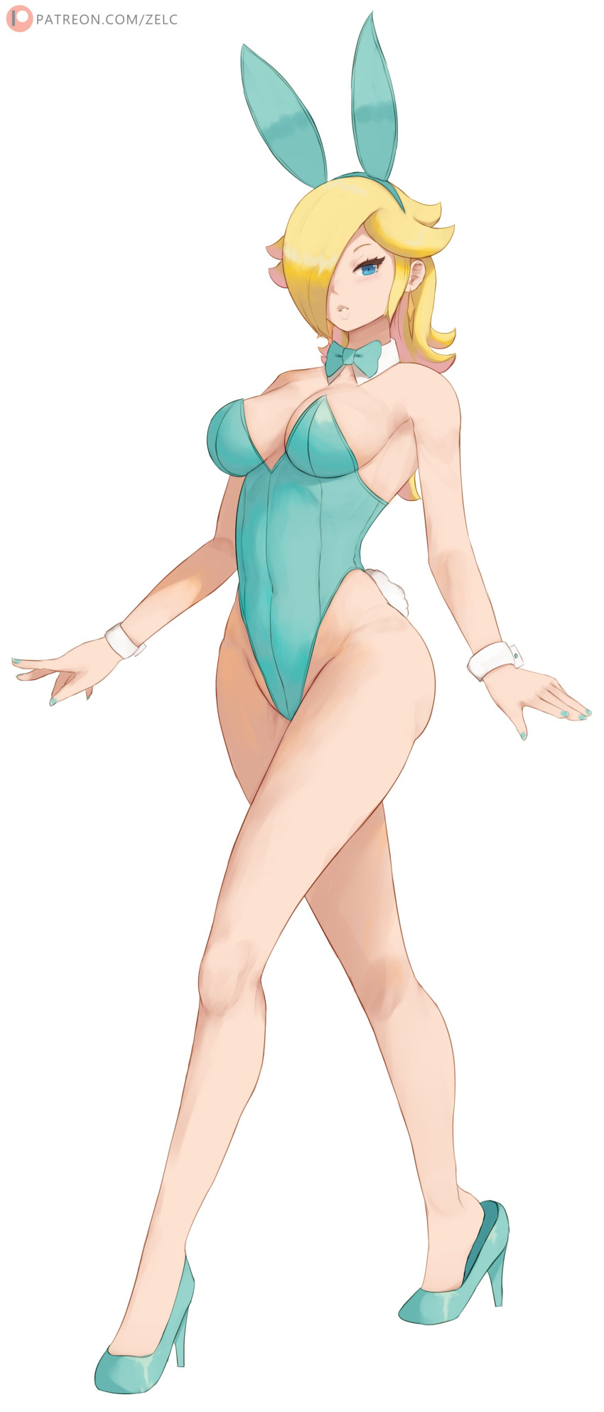 1girl 2024 alluring ass big_ass big_breasts big_thighs blonde_hair blue_eyes breasts bunny_costume bunny_ears bunny_girl bunny_tail bunnygirl bunnysuit long_hair looking_at_viewer mario_(series) nintendo one_eye_covered one_eye_obstructed princess_rosalina rosalina side_ass simple_background super_mario_bros. thighs white_background white_skin yellow_hair zelc-face