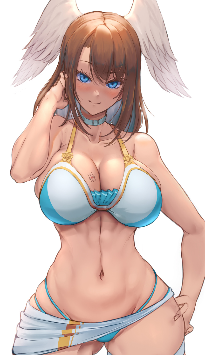 1girl abs absurd_res alluring athletic_female aymmetrical_bangs big_breasts bikini blue_bikini blue_eyes blush breasts brown_hair chest_tattoo choker cleavage closed_mouth collarbone curvy eunie_(xenoblade) feathered_wings female_abs fit_female hand_in_own_hair hand_on_own_hip hand_up head_wings high_res long_hair looking_at_viewer navel nintendo sarong smile swimsuit tattoo thigh_strap togin two-tone_bikini white_background white_bikini white_wings wide_hips wings xenoblade_(series) xenoblade_chronicles_3