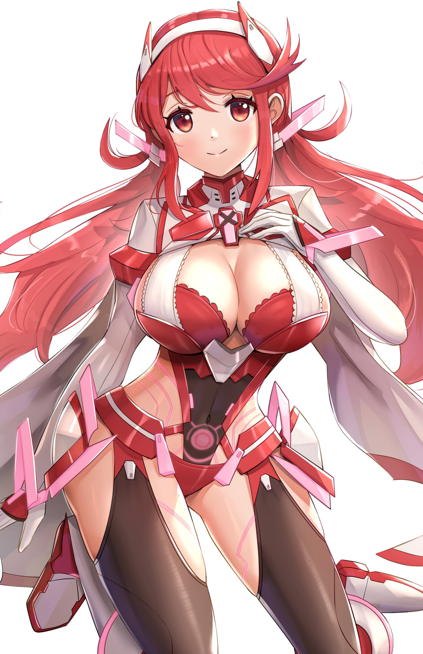 1girl absurd_res alluring big_breasts breasts cleavage closed_mouth commentary covered_navel gloves gonzarez hand_on_own_chest high_res kneel long_hair looking_at_viewer low_twintails nintendo parted_bangs pyra_(prototype) red_eyes red_hair simple_background smile twin_tails white_background white_gloves xenoblade_(series) xenoblade_chronicles_2