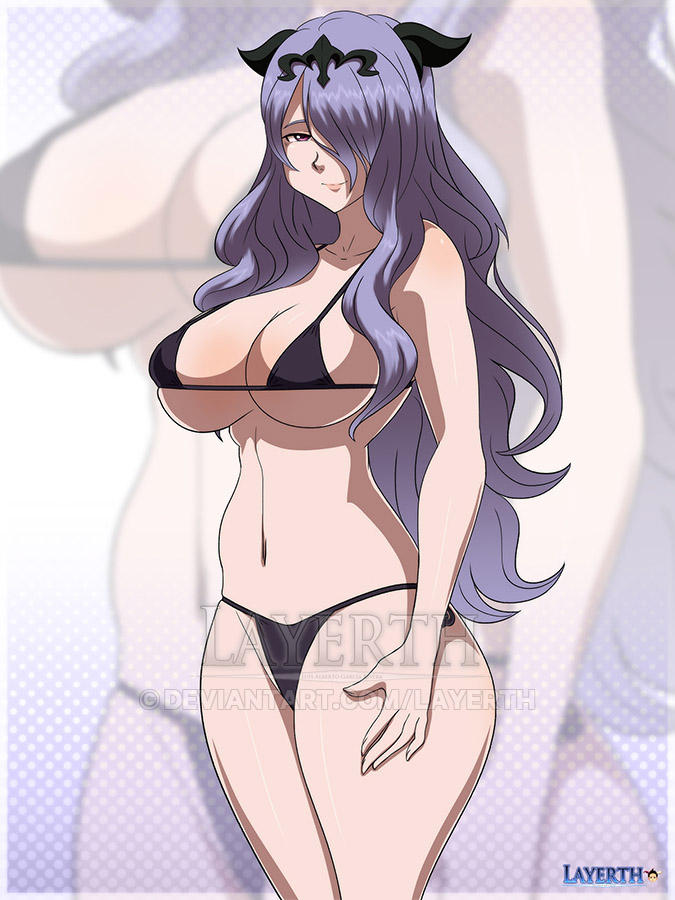 1girl alluring alternate_costume bare_thighs big_breasts bikini black_bikini black_swimsuit breasts camilla_(fire_emblem) cleavage female_only fire_emblem fire_emblem_fates hair_over_one_eye horns layerth long_hair looking_at_viewer nintendo pink_eyes purple_hair sideboob smile standing swimsuit thighs under_boob very_long_hair