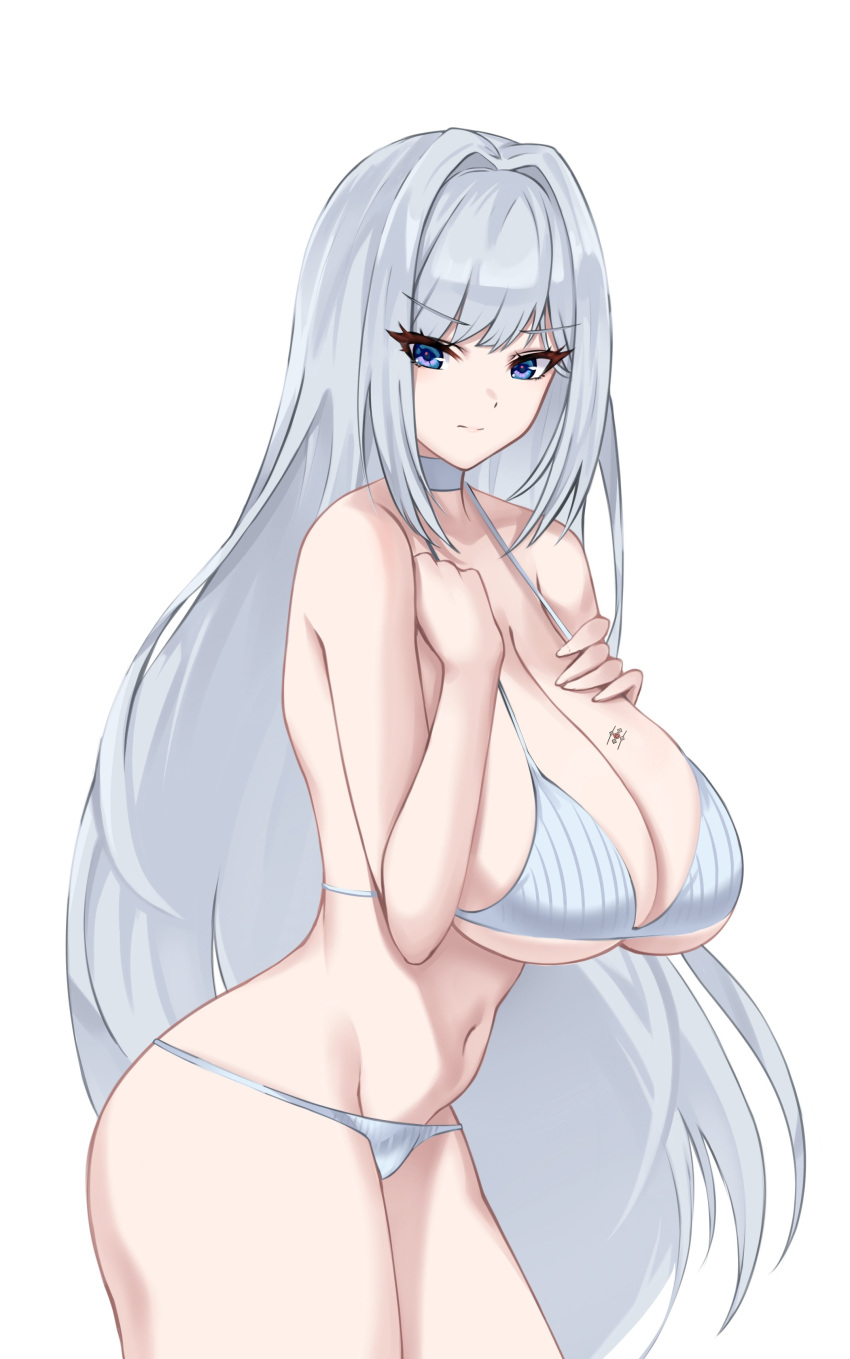 1girl alluring big_breasts bikini blue_eyes breasts crimecrime curvaceous curves curvy curvy_body curvy_female curvy_figure curvy_hips ethel_(xenoblade) hand_on_breast long_hair nintendo purple_eyes silver_hair swimsuit swimwear thick thick_thighs thighs tummy white_background white_hair xenoblade_(series) xenoblade_chronicles_3