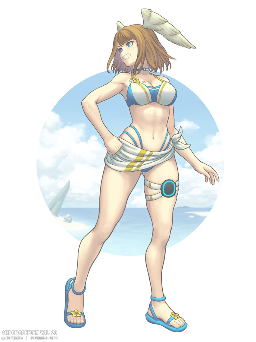 1girl alluring blue_eyes breast_tattoo breasts brown_hair commentary eunie_(xenoblade) full_body gofelem grin head_wings long_bangs medium_breasts navel nintendo official_alternate_costume sandals smile standing swimsuit tattoo thigh_strap white_wings wings xenoblade_(series) xenoblade_chronicles_3