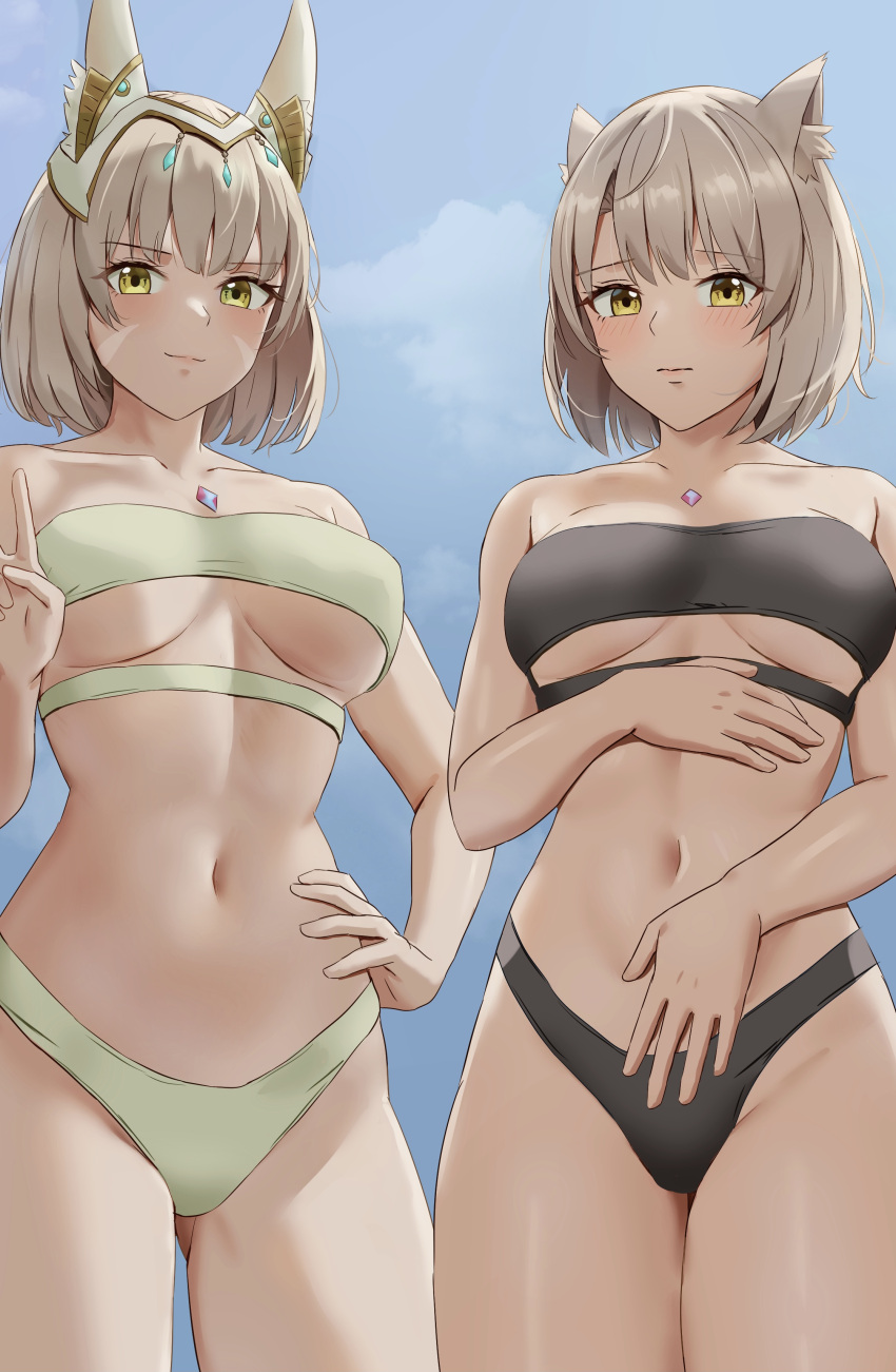 2_girls absurd_res alluring alternate_costume amayo_thranana animal_ears bikini breasts cat_girl chest_jewel closed_mouth commission facial_mark hand_on_own_hip high_res looking_at_viewer medium_breasts mio_(xenoblade) mother_&amp;_daughter multiple_girls navel nervous nia_(blade)_(xenoblade) nia_(xenoblade) nintendo skeb_commission small_breasts smile standing strapless strapless_bikini swept_bangs swimsuit v xenoblade_(series) xenoblade_chronicles_2 xenoblade_chronicles_3 yellow_eyes