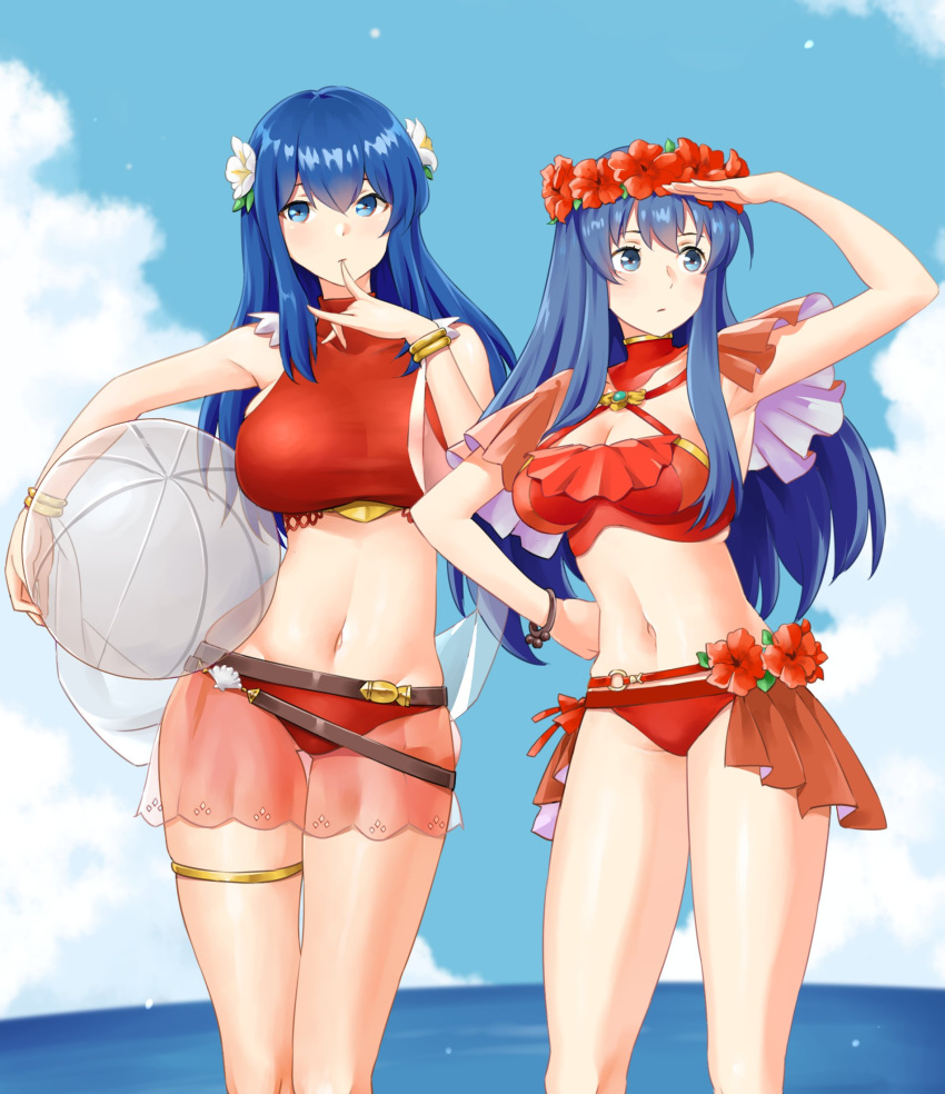 2_girls alluring alternate_costume bikini blue_eyes blue_hair breast caeda caeda_(fire_emblem) caeda_(summer)_(fire_emblem) cleavage fire_emblem fire_emblem:_mystery_of_the_emblem fire_emblem:_shadow_dragon_and_the_blade_of_light fire_emblem:_the_binding_blade fire_emblem_heroes flower_crown igni_tion lilina lilina_(fire_emblem) lilina_(summer)_(fire_emblem) nintendo ocean official_alternate_costume orange_swimsuit red_bikini red_swimsuit seaside swimsuit