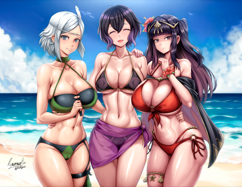 3_girls alluring beach bikini blue_sky cleavage fire_emblem looking_at_viewer milf morgan_(fire_emblem) morgan_(fire_emblem)_(female) mother_&amp;_daughter nintendo noire_(fire_emblem) ocean ryusuke_kyte_hagane tharja tharja_(fire_emblem) tharja_(summer)_(fire_emblem)