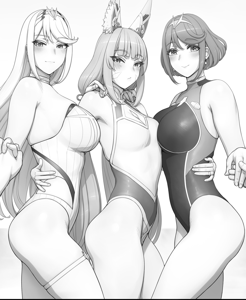 3_girls alluring big_breasts bikini long_hair lvl_(sentrythe2310) medium_breasts mythra nia_(blade)_(xenoblade) nia_(xenoblade) nintendo one-piece_bikini posing pyra short_hair xenoblade_(series) xenoblade_chronicles_2