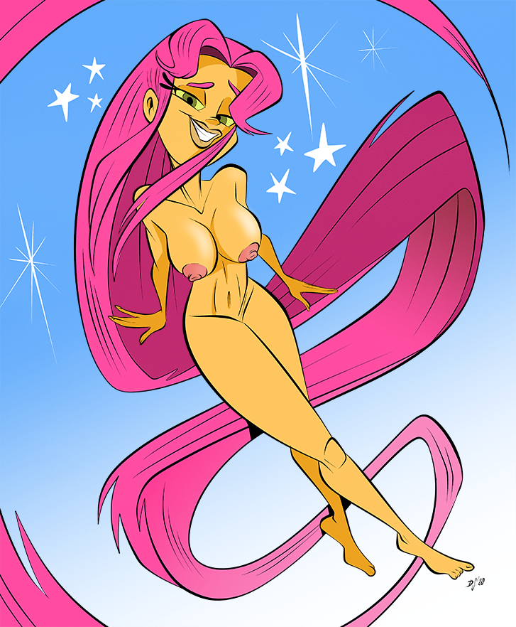 1girl 1girl 2020 alien alien_girl bare_legs barefoot blue_background breasts cartoon_network cute dc_comics eyebrows eyelashes feet female_only green_eyes lipstick long_hair looking_at_viewer navel nipples pink_hair pink_nipples sexy sexy_body sexy_breasts sexy_legs starfire stars teen_titans themrock toes