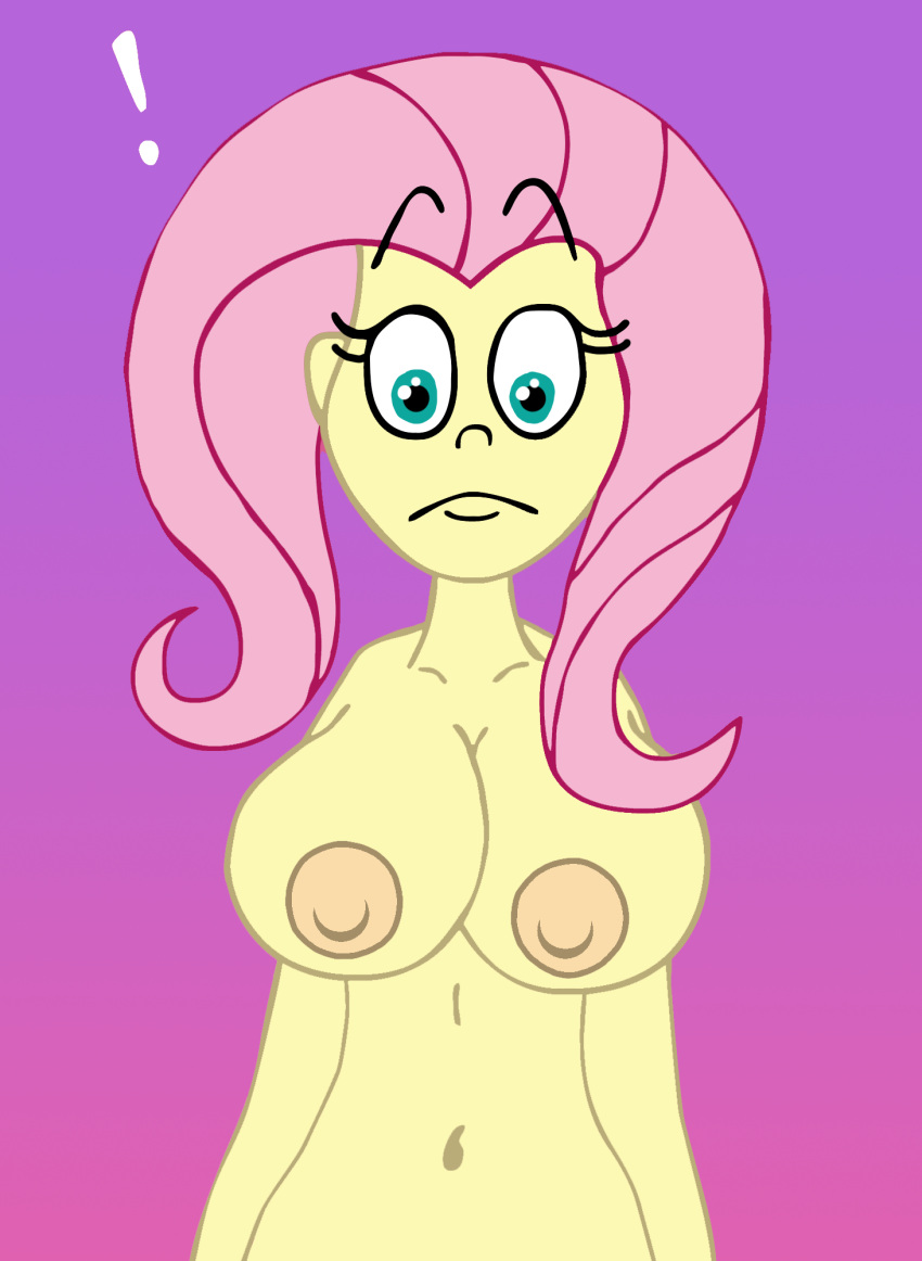 1girl 1girl 2024 blue_eyes blush breasts closed_mouth cute edit equestria_girls exclamation_mark eyebrows eyelashes female_only fluttershy fluttershy_(mlp) friendship_is_magic looking_at_viewer my_little_pony navel nipples nude nude_female open_eyes pink_hair purple_background scobionicle99 sexy_breasts yellow_body yellow_skin