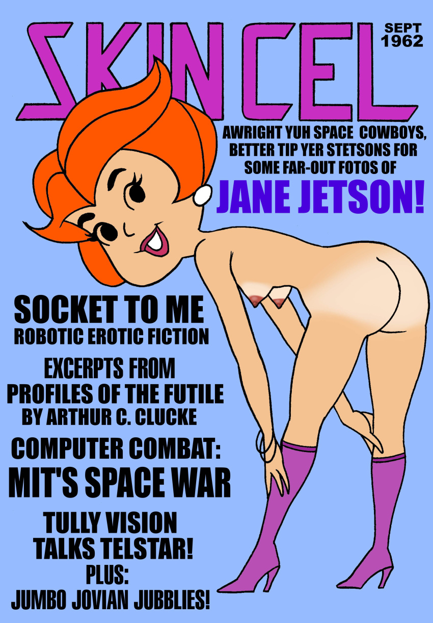 1girl 1girl ass ass black_eyes breasts breasts earrings eyebrows eyelashes female_only grin hanna-barbera jane_jetson nipples orange_hair pink_lipstick purple_shoes sexy_ass sexy_body sexy_breasts smile the_jetsons toonytease