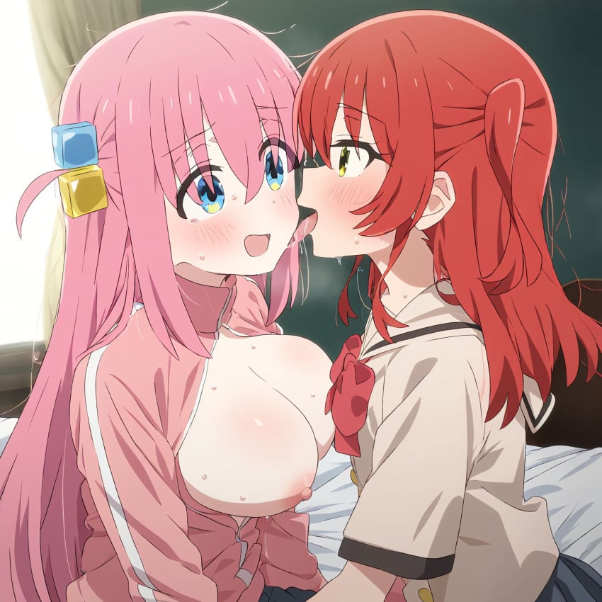 1girl 2_girls ai_generated blue_eyes blush bocchi_the_rock! breasts breasts_out breasts_out_of_clothes breasts_outside female_only gotou_hitori green_eyes kita_ikuyo licking licking_cheek nipples open_clothes open_mouth pink_hair red_hair tongue tongue_out yamaimo510 yuri