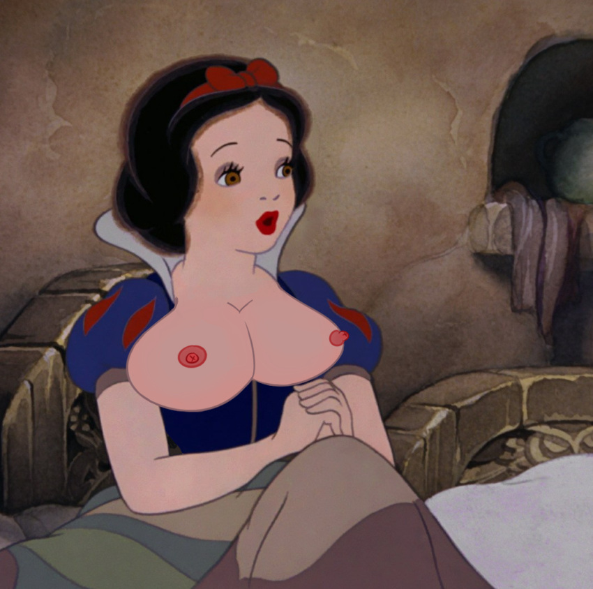 1girl 2020 bedroom big_breasts black_hair breasts brown_eyes cute disney lipstick nipples sexy_breasts snow_white_(disney) snow_white_and_the_seven_dwarfs somebubbles_(artist)