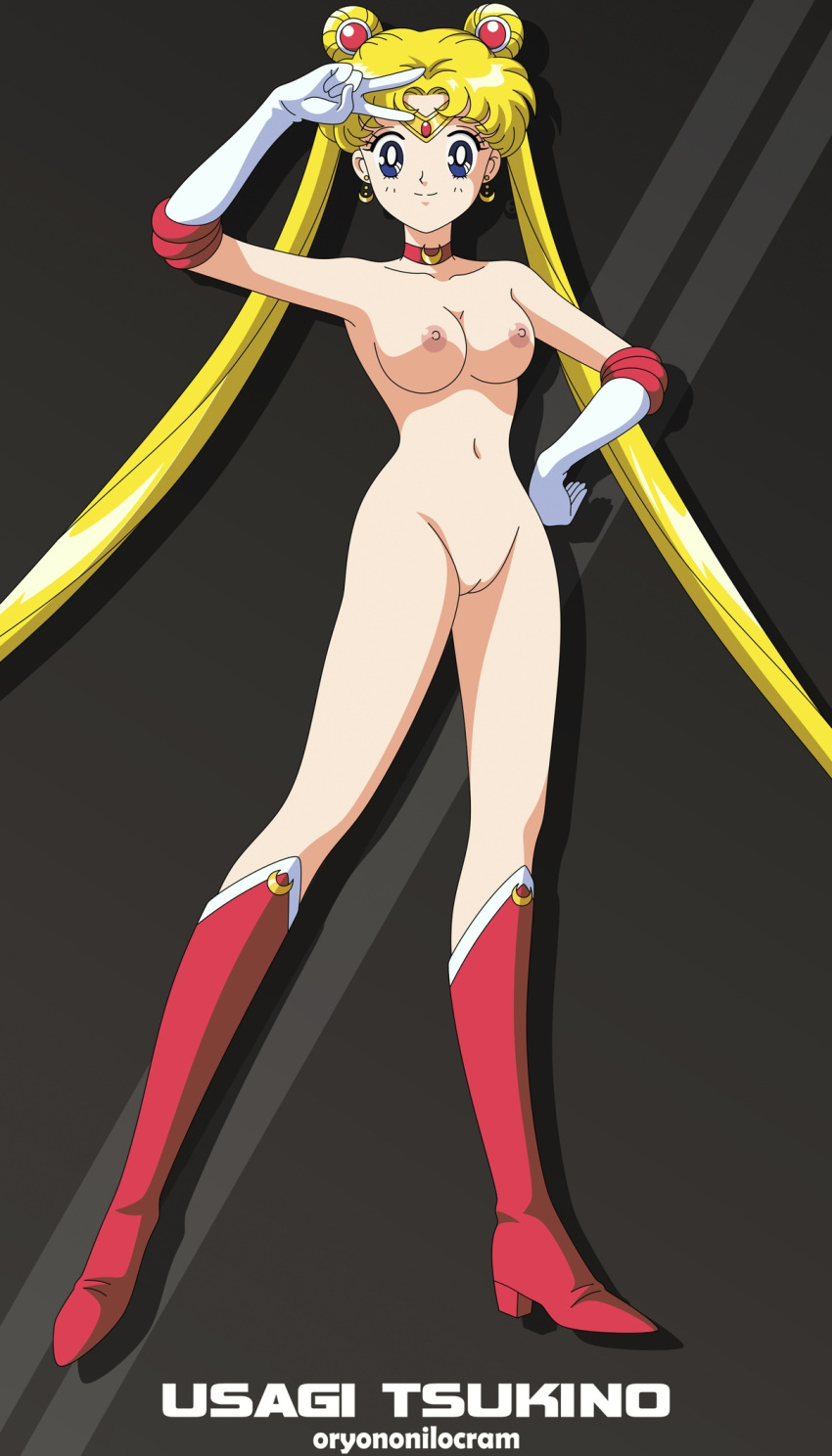 1girl accurate_art_style alluring armwear bishoujo_senshi_sailor_moon blonde blonde_hair boots breasts casual clothing exposed_torso female_only footwear handwear human innie_pussy knee_boots legwear long_boots long_hair mostly_nude neckwear nipples nude nude_female oryononilocram pale_skin pussy red_boots sailor_moon solo_female usagi_tsukino