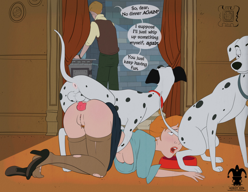 101_dalmatians 1boy 1girl 2016 2_girls animal anita_radcliffe ass beastiality black_eyes blargsnarf breasts butthole dalmatian disney dog dog_bowl dog_penis dog_tail doggy_position eyebrows eyelashes human male orange_hair perdita pongo roger_radcliffe yellow_hair zoophilia