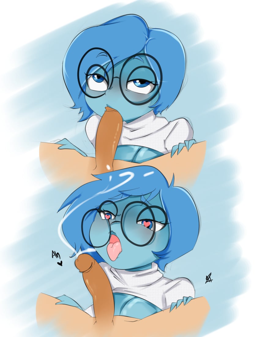 1boy 1girl 1girls 2017 blue_hair cum cute dead_source disney fellatio glasses hands-free inside_out inuyuru male oral oral_sex penis pixar sadness_(inside_out) seductive_eyes tagme tongue_out unseen_male_face