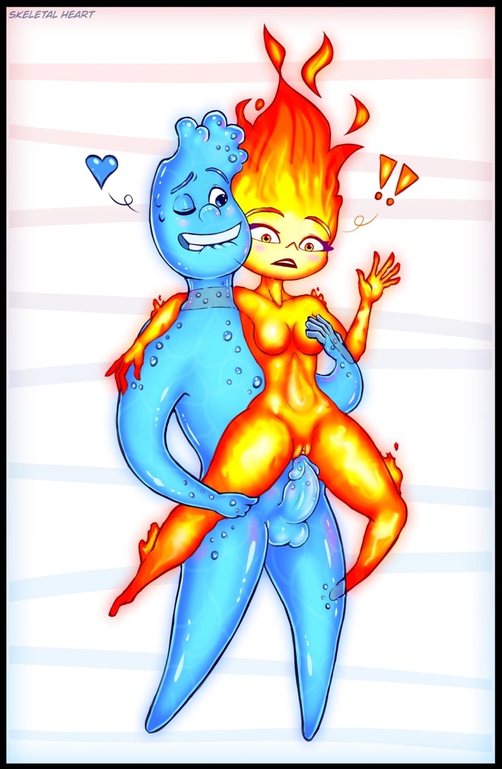 1boy 1girl blue_eyes blue_heart breasts disney elemental_(pixar) elemental_creature elemental_humanoid ember_lumen fire fire_creature flaming_hair genitals gradient_background heart humanoid liquid_hair male male/female not_furry nude orange_eyes penis pixar pseudo_hair pussy reverse_suspended_congress sex simple_background skeletalheart surprised wade_ripple water water_creature