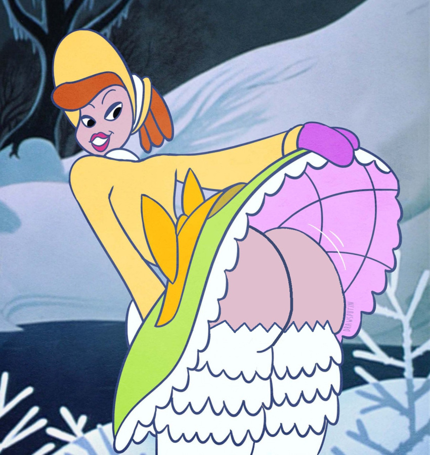 1girl ass ass big_ass big_ass black_eyes booty bowtie cute disney drawsputin edit green_skirt jenny lipstick melody_time orange_hair pink_lipstick purple_gloves shaking_ass shaking_butt smile snow white_pants winter yellow_bowtie yellow_dress