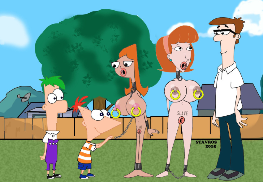 2015 bare_legs barefoot bdsm black_eyes bondage breasts candace_flynn closed_mouth collar disney disney_channel eyebrows eyelashes ferb_fletcher gear golden_rings lawrence_fletcher linda_flynn-fletcher mouth_gag naked_female navel nipple_piercing nipples nude open_eyes orange_hair outside phineas_and_ferb phineas_flynn sex_doll sexy_body slave stavros_(artist) uncensored