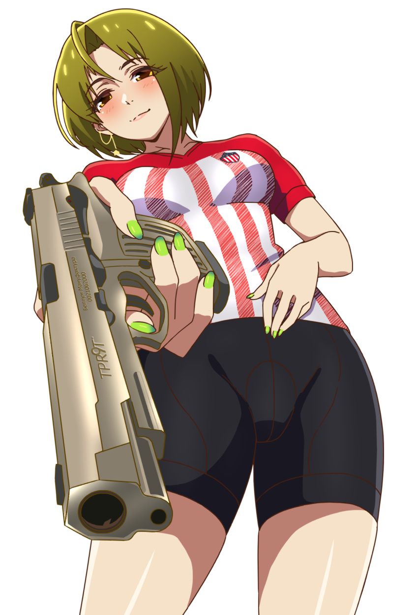 1girl assertive assertive_female at_gunpoint bike_shorts brown_eyes clothed clothed_female clothing colombian ear_piercing earrings female_clothed female_focus female_only foreshortening freckles green_hair green_nails gun hispanic hispanic_virtual_youtuber indie_virtual_youtuber latam_virtual_youtuber legs light-skinned_female light_skin patrick_fche pistol pussy pussy_visible_through_clothes ryumi ryumivt seductive seductive_eyes seductive_look seductive_smile short_hair small_breasts smile soccer_uniform solo_female sports_shorts sports_uniform standing twitch twitch.tv virtual_youtuber vtuber weapon yellow_eyes youtube youtube_hispanic