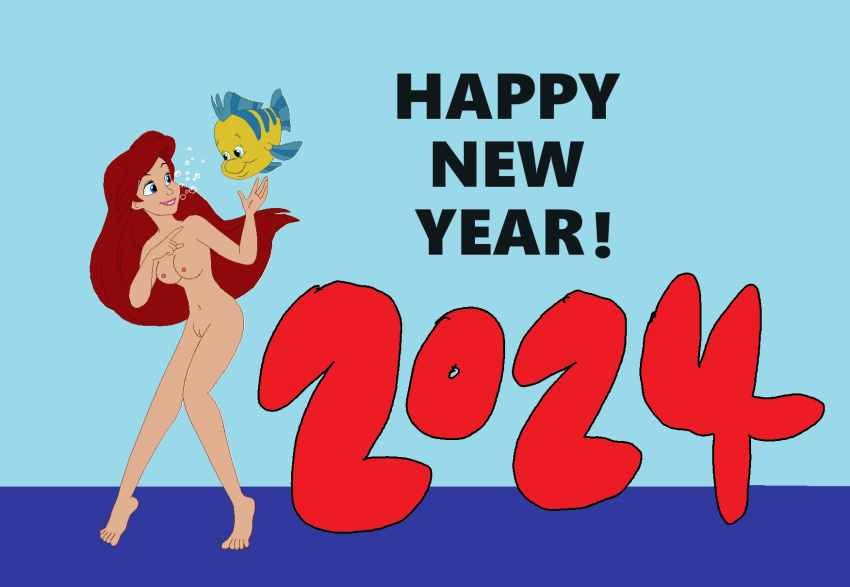 1girl barefoot blue_eyes breasts bubbles disney feet fish flounder lipstick naked_female navel nude princess_ariel pussy red_hair sexy sexy_body the_little_mermaid