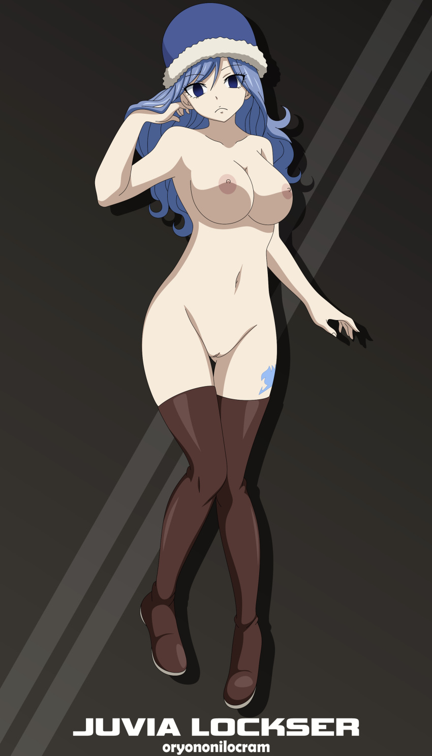 1girl 1girl 1girl alluring ass_visible_through_thighs big_breasts big_breasts blue_eyes blue_hair breasts completely_naked completely_nude fairy_tail functionally_nude hat innie_pussy juvia_lockser looking_at_viewer medium_hair nipples no_bra no_panties nude nude nude_female oryononilocram pussy pussy shaved_pussy stockings stockings tattoo white_skin winter_hat