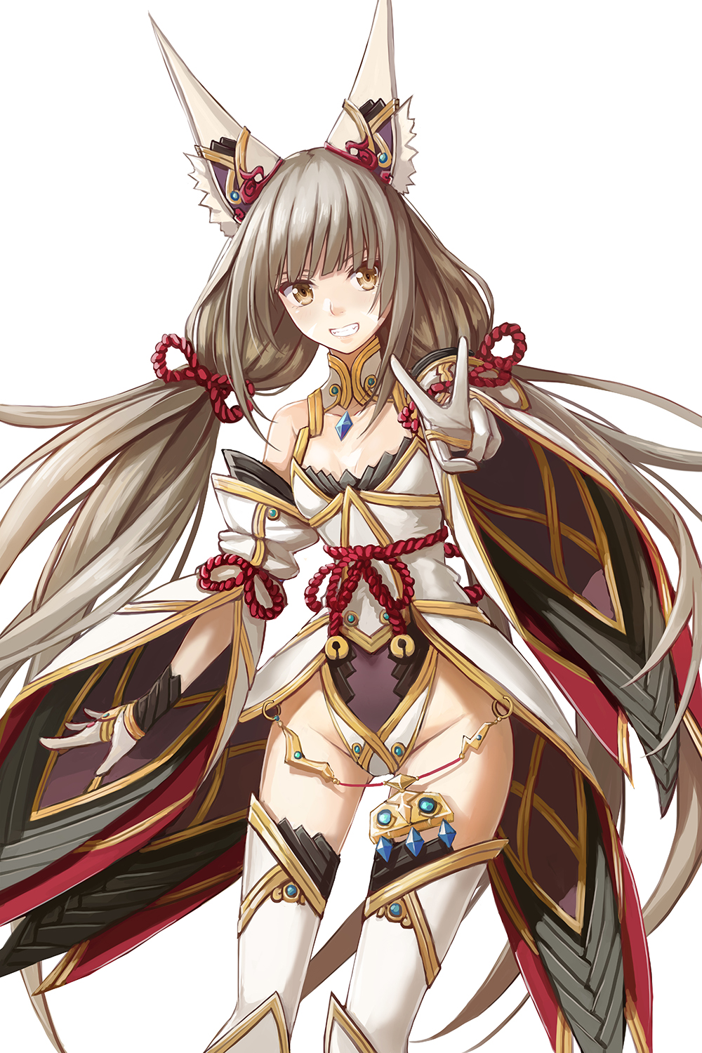 1girl 1girl :d alluring animal_ears bare_shoulders breasts bridal_gauntlets cleavage_cutout clothing_cutout commentary detached_sleeves high_res jewelry leotard light_brown_hair long_hair long_sleeves looking_at_viewer low-tied_long_hair low_twintails necklace nia_(blade)_(xenoblade) nia_(xenoblade) nintendo niyah open_mouth redpoke simple_background small_breasts smile spoilers standing stockings twin_tails v very_long_hair white_background white_thighhighs xenoblade_(series) xenoblade_chronicles_2 yellow_eyes