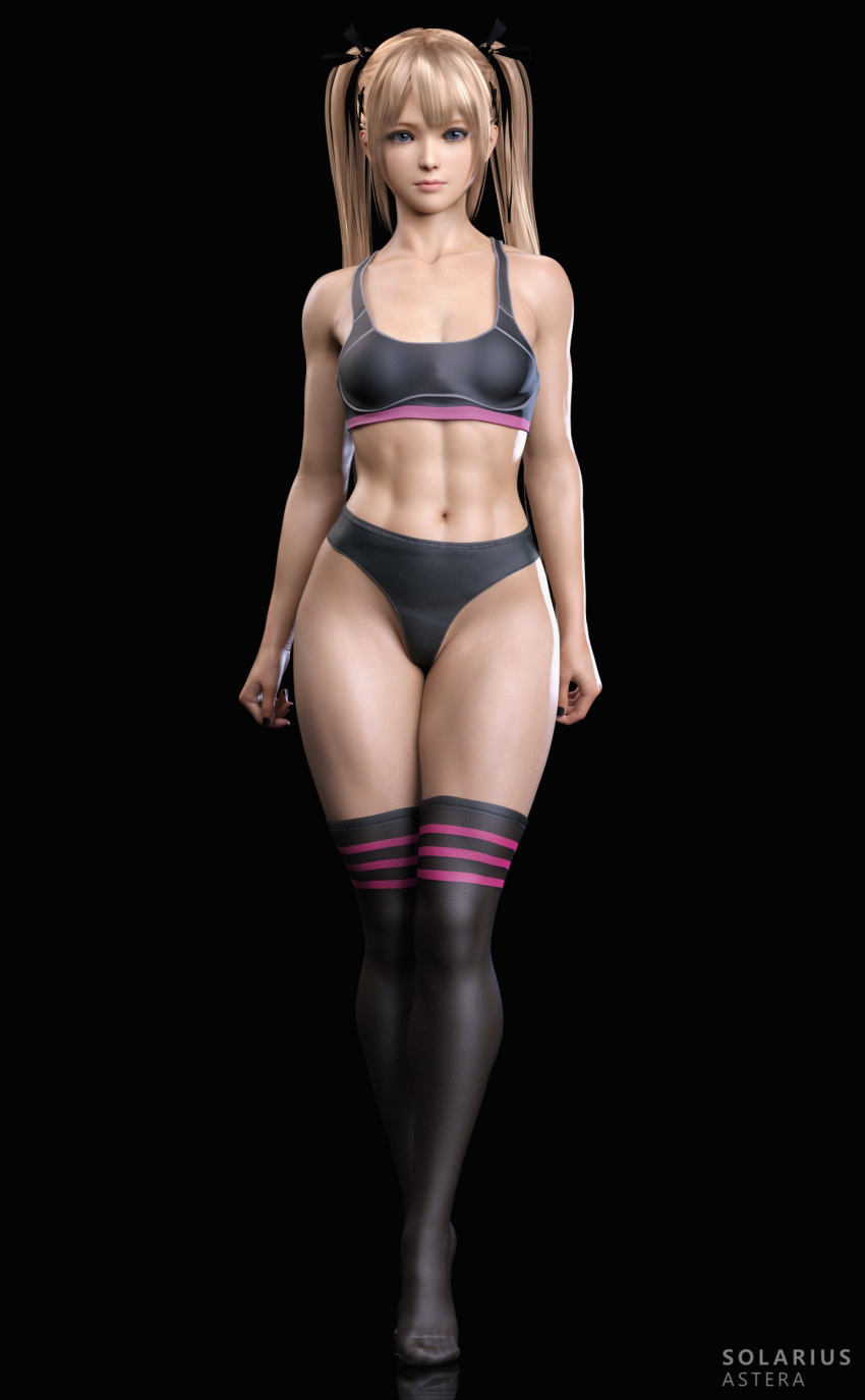 1girl 3d abs alluring athletic_female black_background blonde_hair blue_eyes bra dead_or_alive dead_or_alive_6 dead_or_alive_xtreme dead_or_alive_xtreme_2 dead_or_alive_xtreme_3 dead_or_alive_xtreme_3_fortune dead_or_alive_xtreme_beach_volleyball dead_or_alive_xtreme_venus_vacation female_abs female_only fit_female legwear marie_rose muscular_female panties petite simple_background small_breasts solarius_astera sports_bra stockings thick_thighs twin_tails