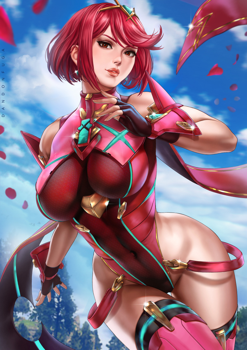 1girl abs alluring arm_guards armor athletic_female bare_shoulders big_breasts breasts breasts_visible_through_clothing child_bearing_hips clothed clothing dandon_fuga female_abs female_abs_visible_through_clothing female_focus female_only fit fit_female hair_ornament heroine hips milf navel nintendo outside pyra red_eyes red_hair rose_petals running short_hair solo_female solo_focus stockings thick_thighs thighs tight_clothing tight_fit toned toned_female wide_hips woods xenoblade_(series) xenoblade_chronicles_2
