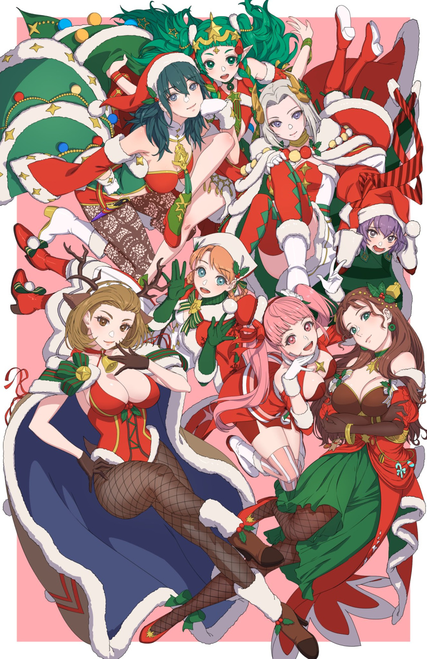 6+girls aduti_momoyama alluring alternate_costume animal_ears annette_fantine_dominic annette_fantine_dominic_(winter) antlers bernadetta_von_varley bernadetta_von_varley_(winter) big_breasts border breasts brown_eyes brown_gloves brown_hair byleth_(fire_emblem) byleth_(fire_emblem)_female byleth_(frosty_professor)_(fire_emblem_(female) cape christmas cleavage deer_ears dorothea_arnault dorothea_arnault_(winter) edelgard_von_hresvelg edelgard_von_hresvelg_(snowfall_future) fake_animal_ears fake_antlers fake_horns female_focus fire_emblem fire_emblem:_three_houses fire_emblem_heroes fishnet_pantyhose fishnets fur-trimmed_cape fur-trimmed_gloves fur-trimmed_headwear fur-trimmed_leotard fur_trim gloves green_eyes green_gloves green_hair hat high_res hilda_valentine_goneril hilda_valentine_goneril_(winter) horned_headwear horns leotard manuela_casagranda manuela_casagranda_(winter) matching_hair/eyes multiple_girls nintendo official_alternate_costume orange_hair outside_border pantyhose patterned_legwear pink_eyes pink_hair pointy_ears purple_hair reindeer_antlers santa_hat sothis_(fire_emblem) sothis_(winter)_(fire_emblem) stockings teal_hair tiara twin_tails white_border white_gloves white_hair